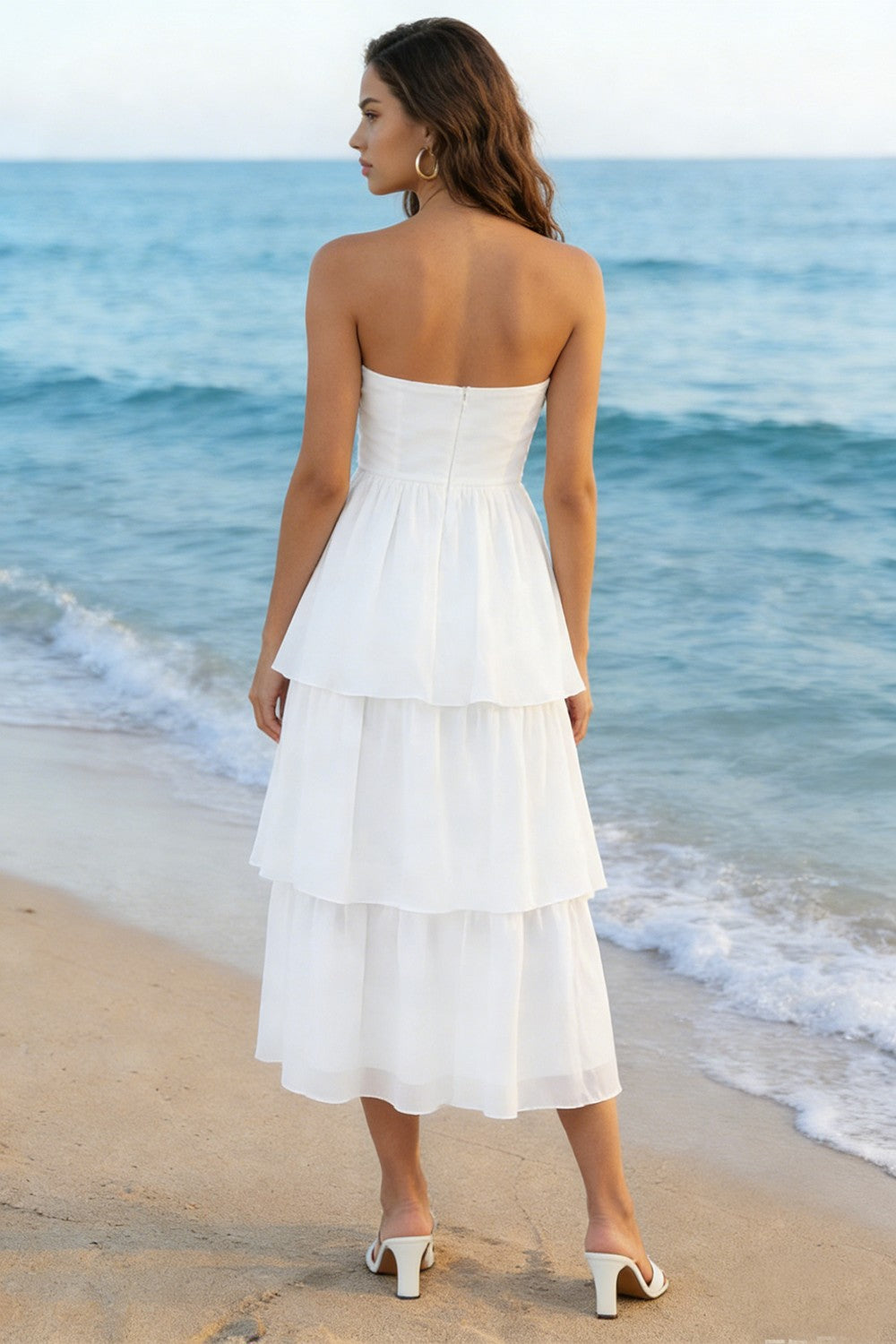 Simple Ivory Strapless A Line Tiered Midi Wedding Reception Dress