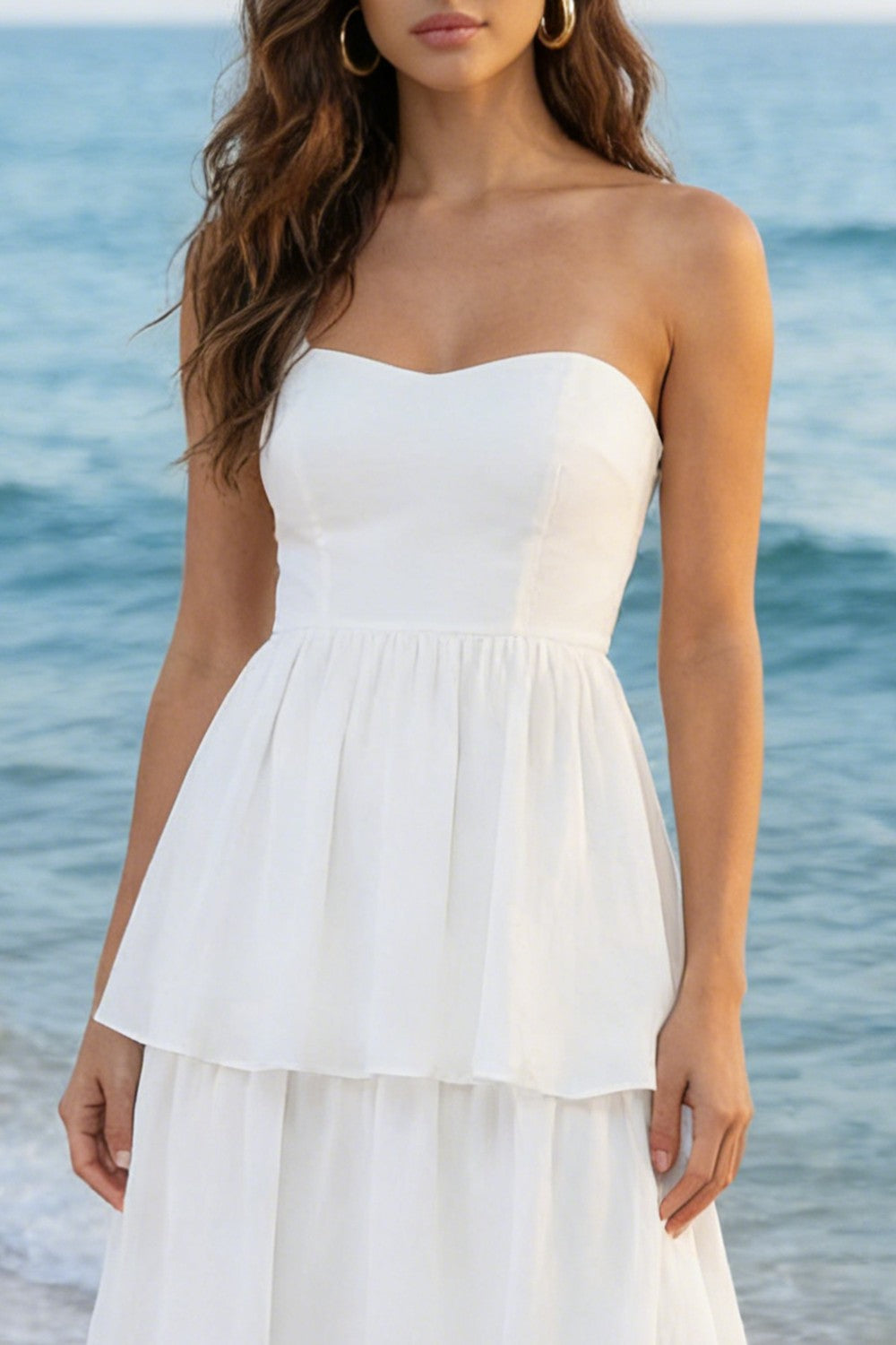 Simple Ivory Strapless A Line Tiered Midi Wedding Reception Dress