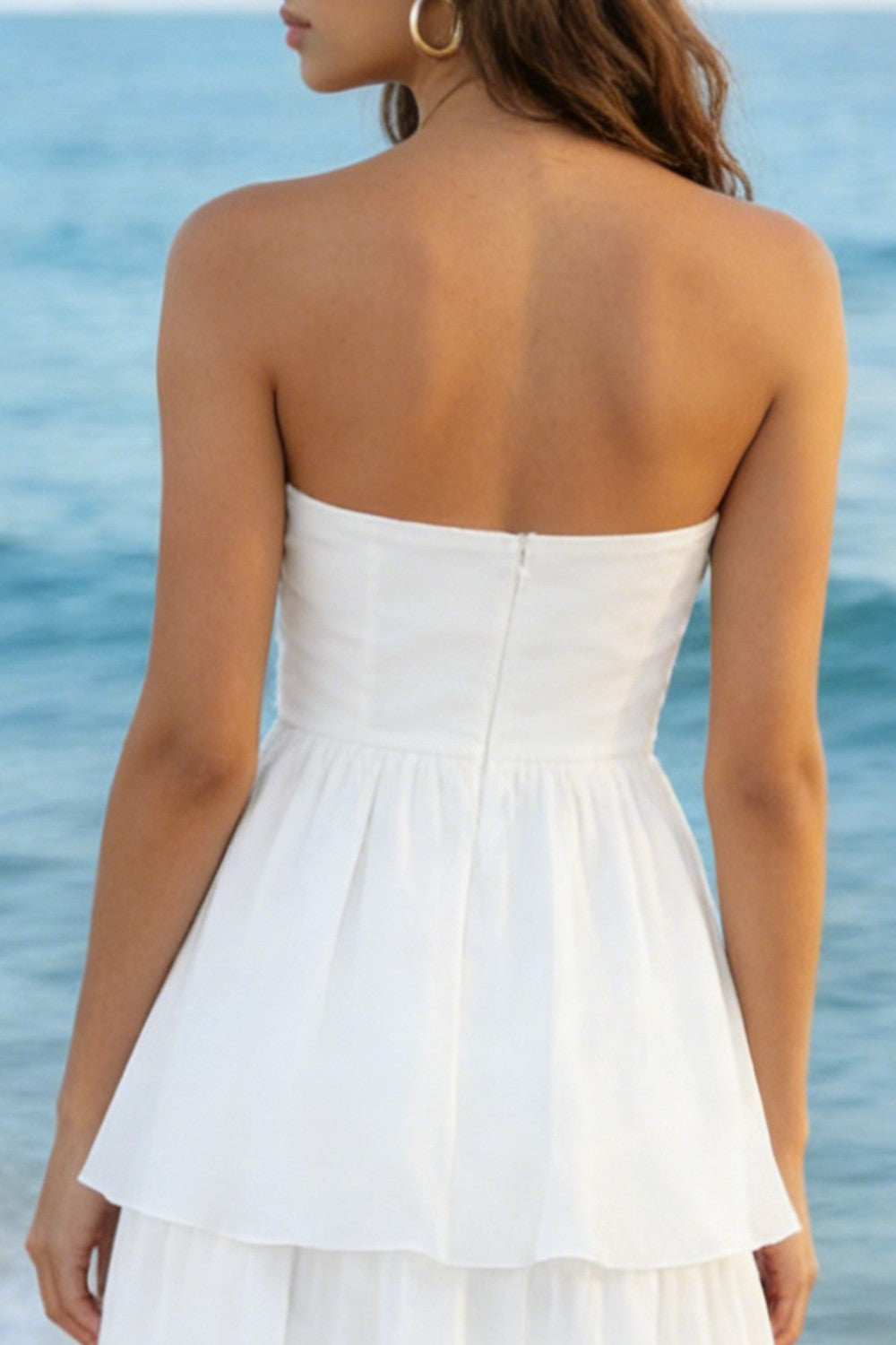 Simple Ivory Strapless A Line Tiered Midi Wedding Reception Dress