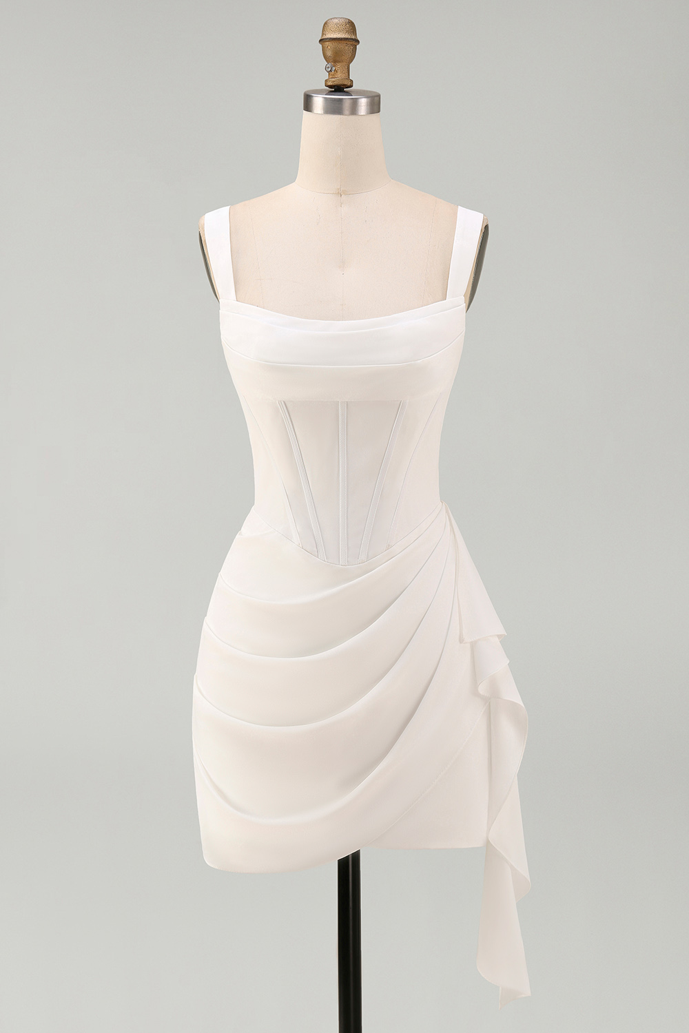 Cute Ivory Corset Satin Thick Straps Ruched Short Graduation Dress with Ruffles
