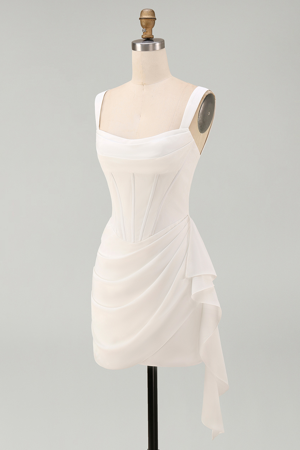 Cute Ivory Corset Satin Thick Straps Ruched Short Graduation Dress with Ruffles