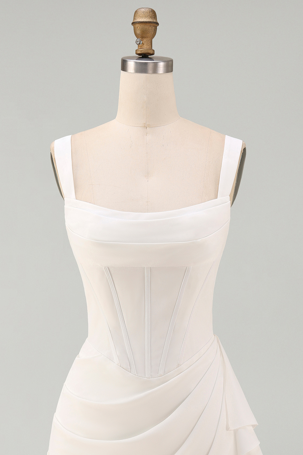 Cute Ivory Corset Satin Thick Straps Ruched Short Graduation Dress with Ruffles
