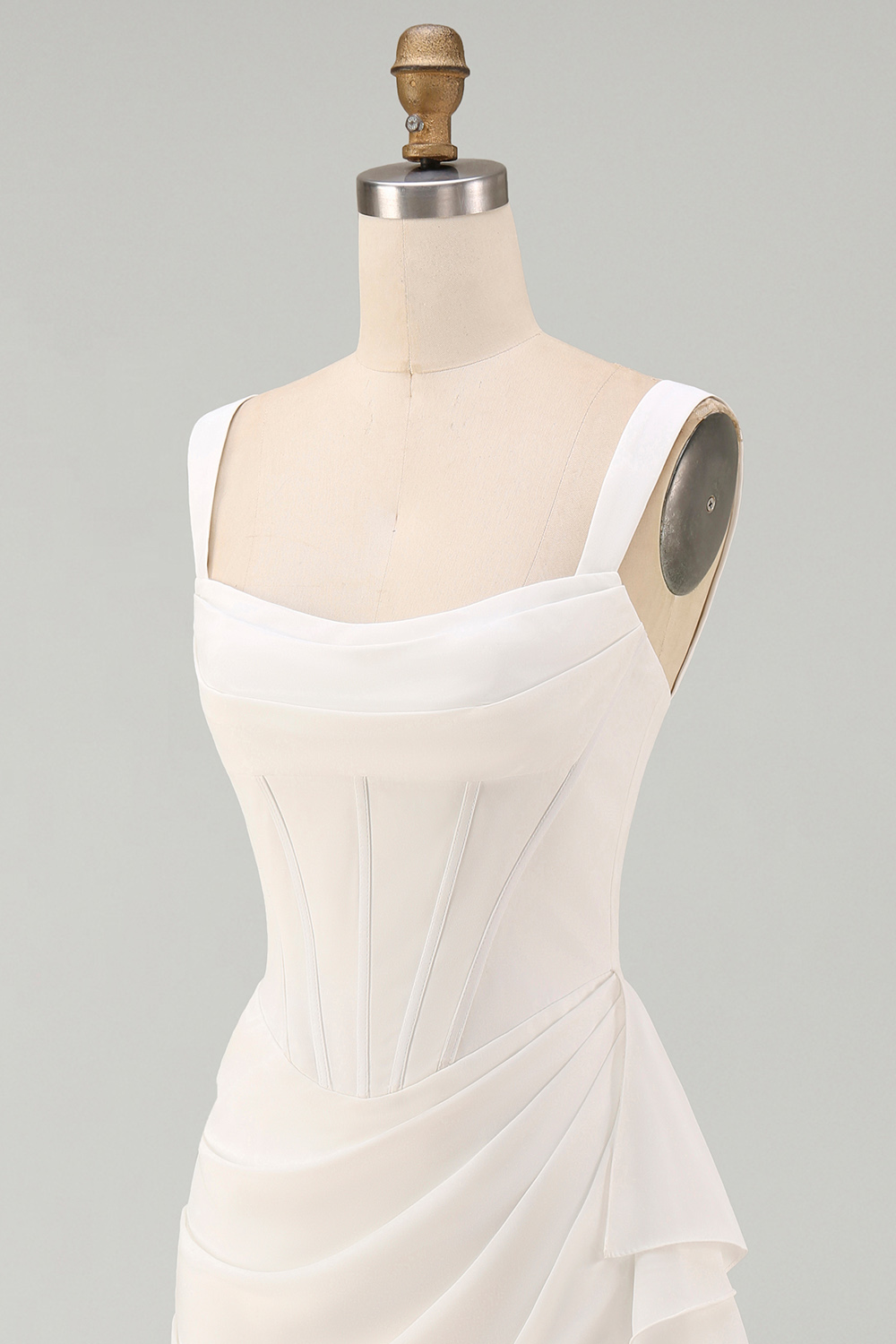 Cute Ivory Corset Satin Thick Straps Ruched Short Graduation Dress with Ruffles