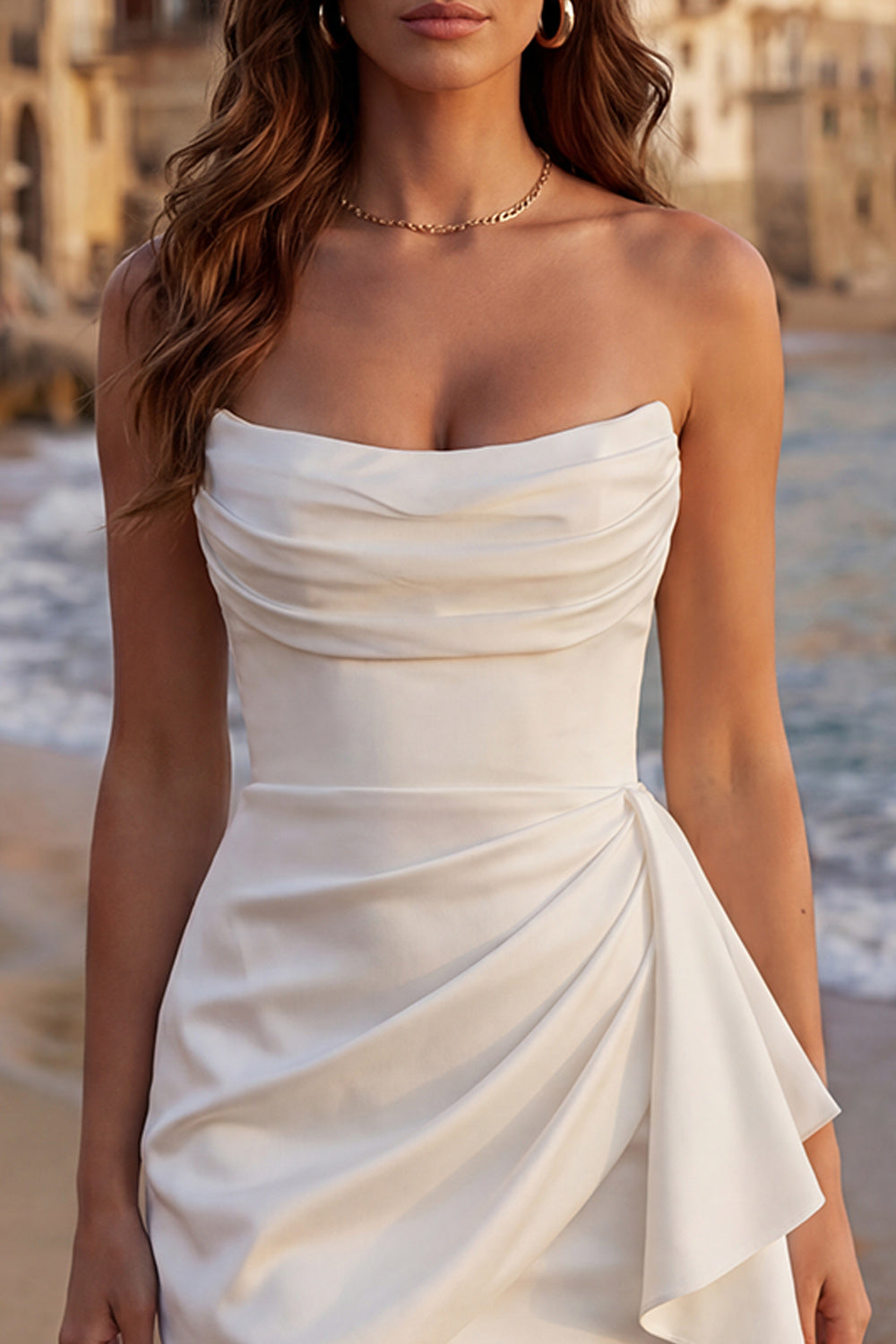 Ivory Bodycon Ruched Strapless Short Graduation Dress with Side Cape