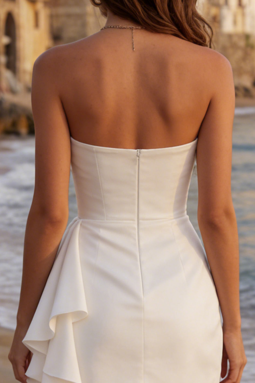 Ivory Bodycon Ruched Strapless Short Graduation Dress with Side Cape