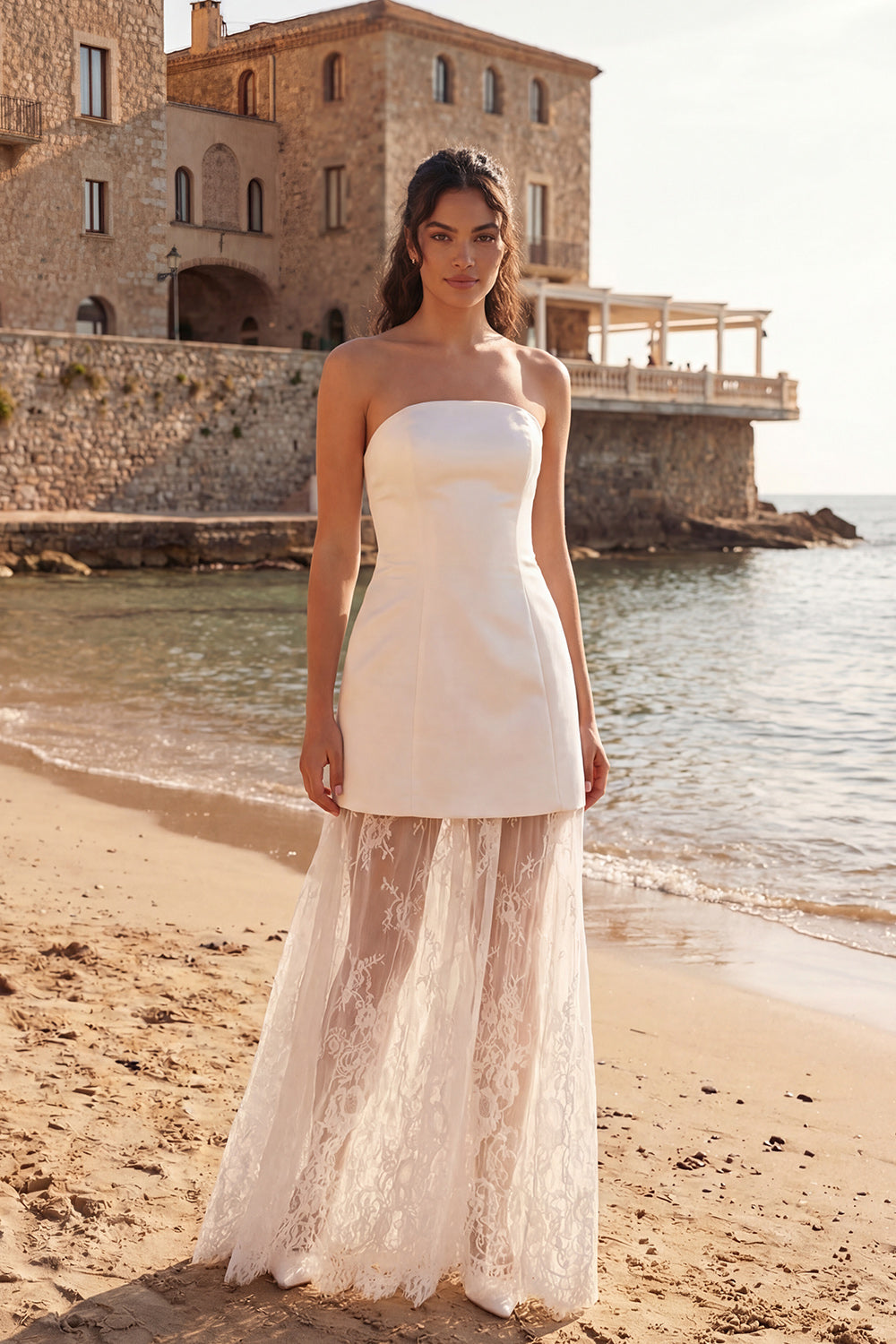 Ivory Satin Strapless Sheath Long Wedding Reception Dress with Lace