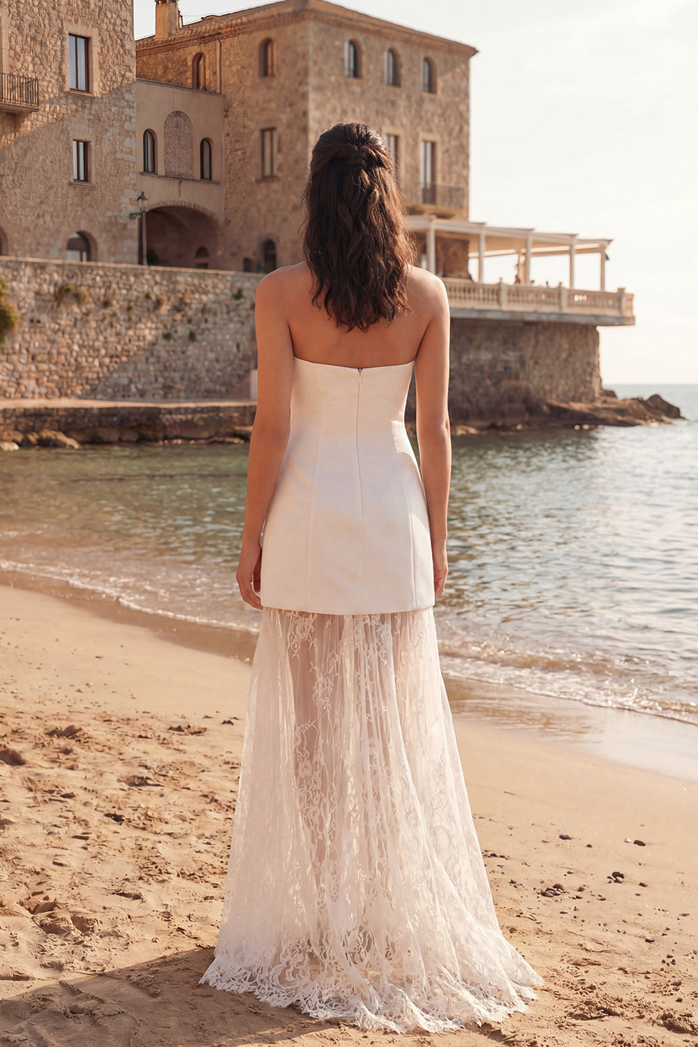 Ivory Satin Strapless Sheath Long Wedding Reception Dress with Lace