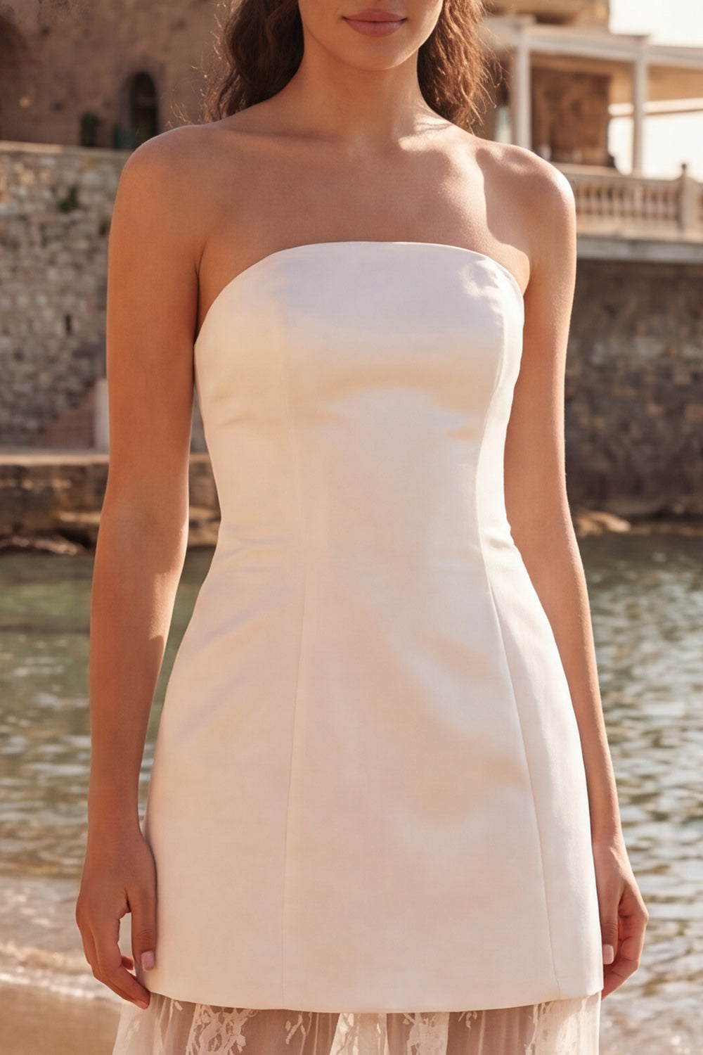 Ivory Satin Strapless Sheath Long Wedding Reception Dress with Lace