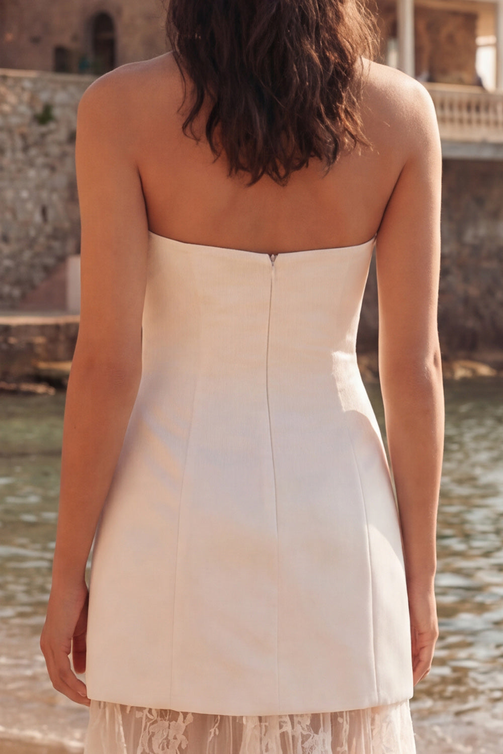 Ivory Satin Strapless Sheath Long Wedding Reception Dress with Lace