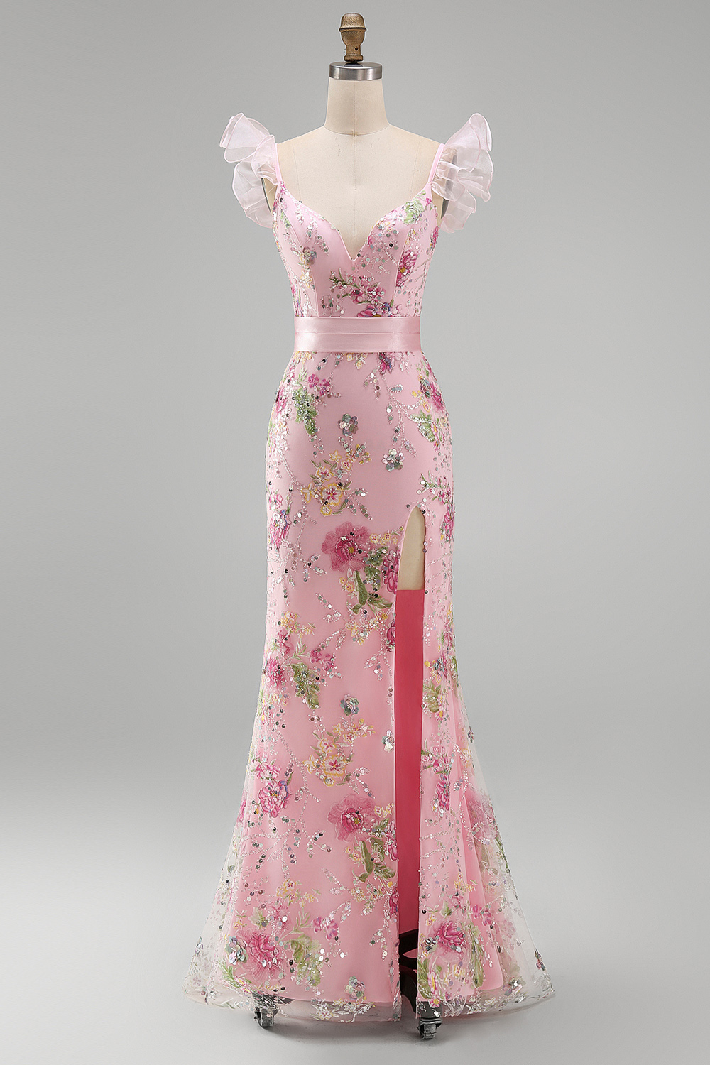 Sparkly Pink Sheath V Neck Ruffled Long Floral Prom Dress with Slit