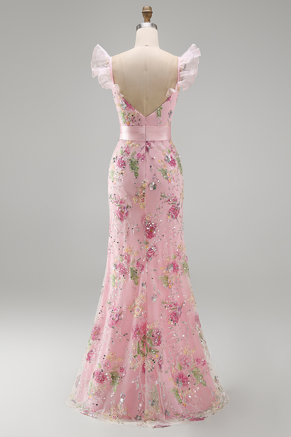 Sparkly Pink Sheath V Neck Ruffled Long Floral Prom Dress with Slit