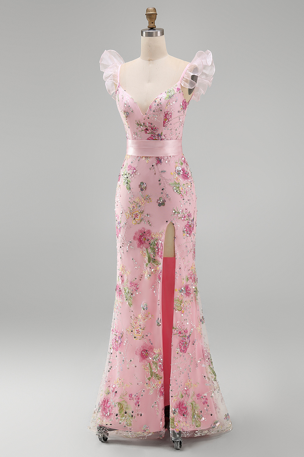 Sparkly Pink Sheath V Neck Ruffled Long Floral Prom Dress with Slit