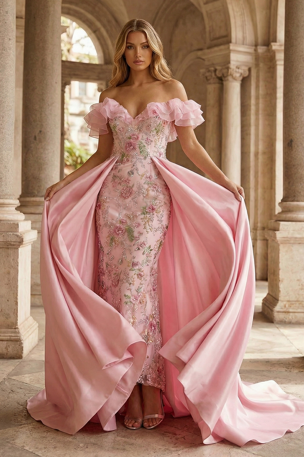 Sparkly Pink Floral Ruffled Mermaid Long Prom Dress with Cape