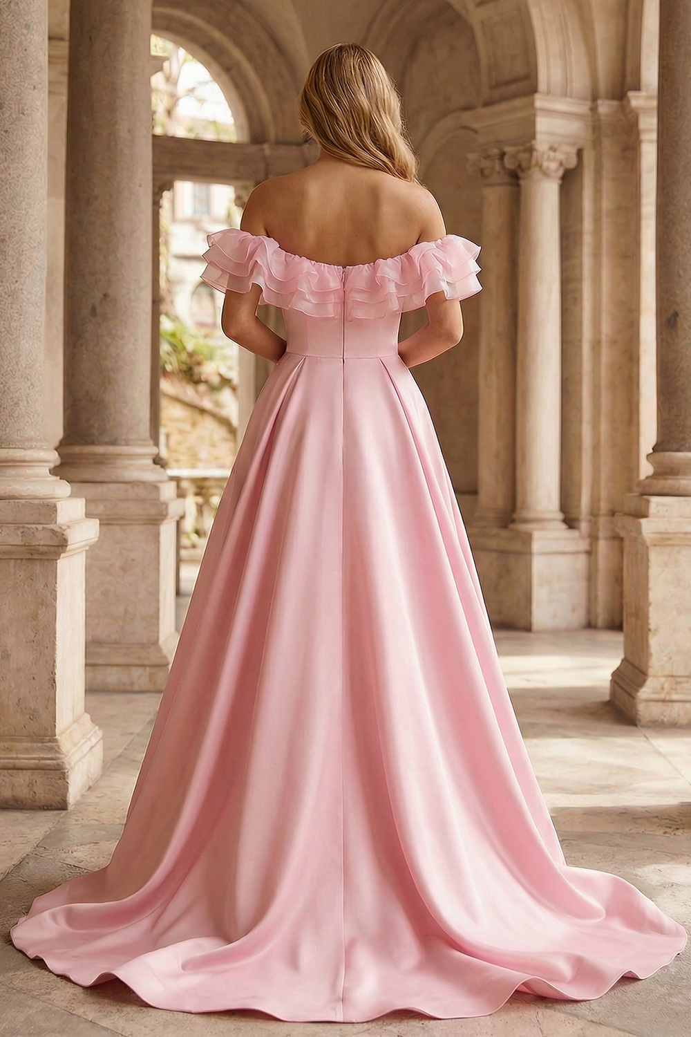 Sparkly Pink Floral Ruffled Mermaid Long Prom Dress with Cape
