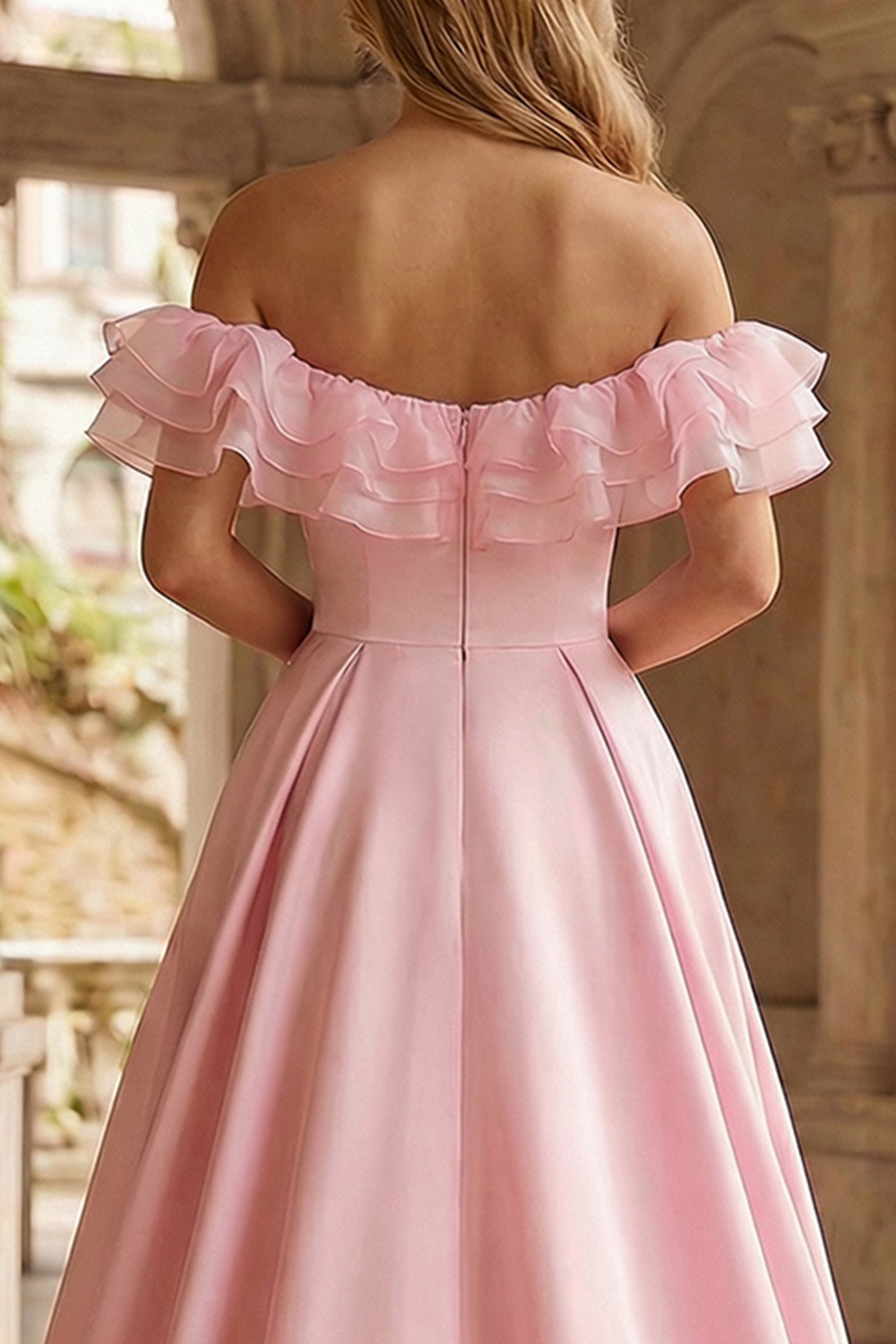 Sparkly Pink Floral Ruffled Mermaid Long Prom Dress with Cape