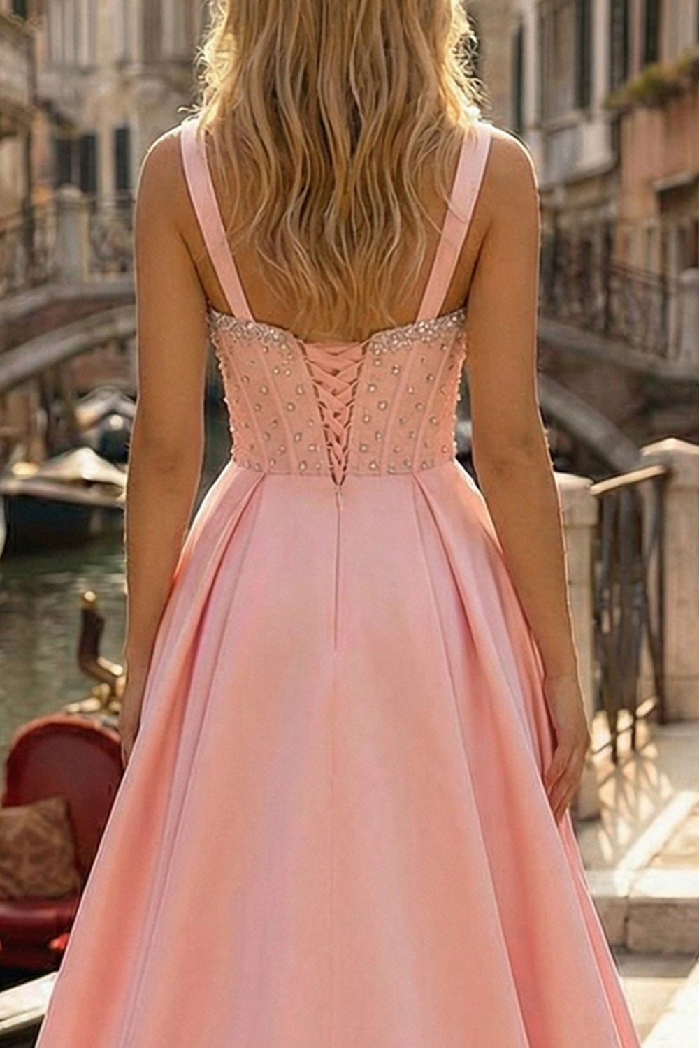 Sparkly Pink Ball Gown Satin Beaded Long Corset Prom Dress with Slit