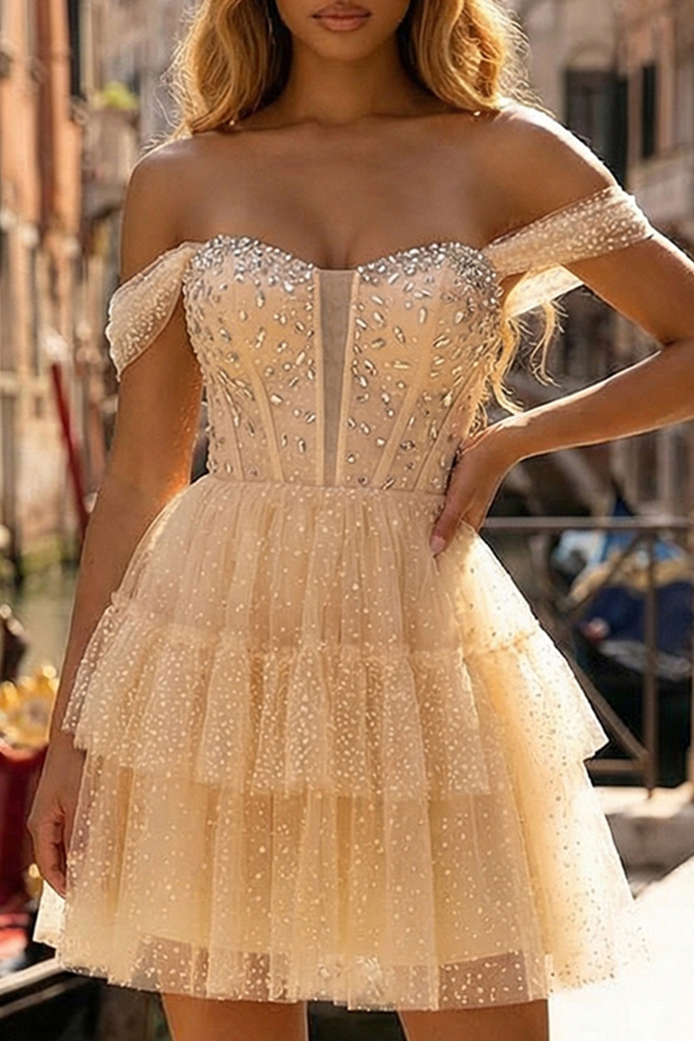 Glitter Champagne Tulle Corset Ruffled A Line Short Prom Dress with Beading
