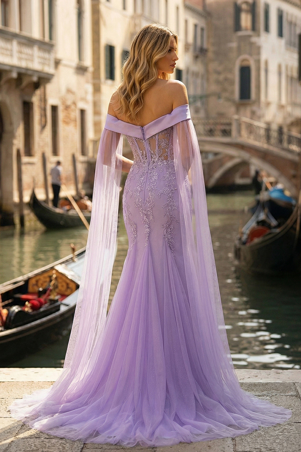 Sparkly Lilac Mermaid Off the Shoulder Long Tulle Prom Dress with Cape