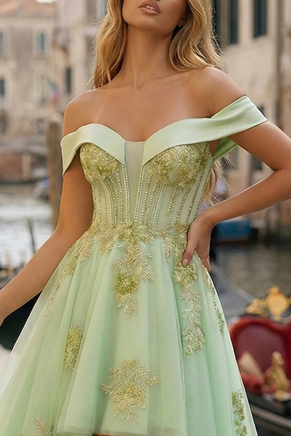 Sparkly Light Green Beaded Appliqued Corset A Line High-Low Prom Dress