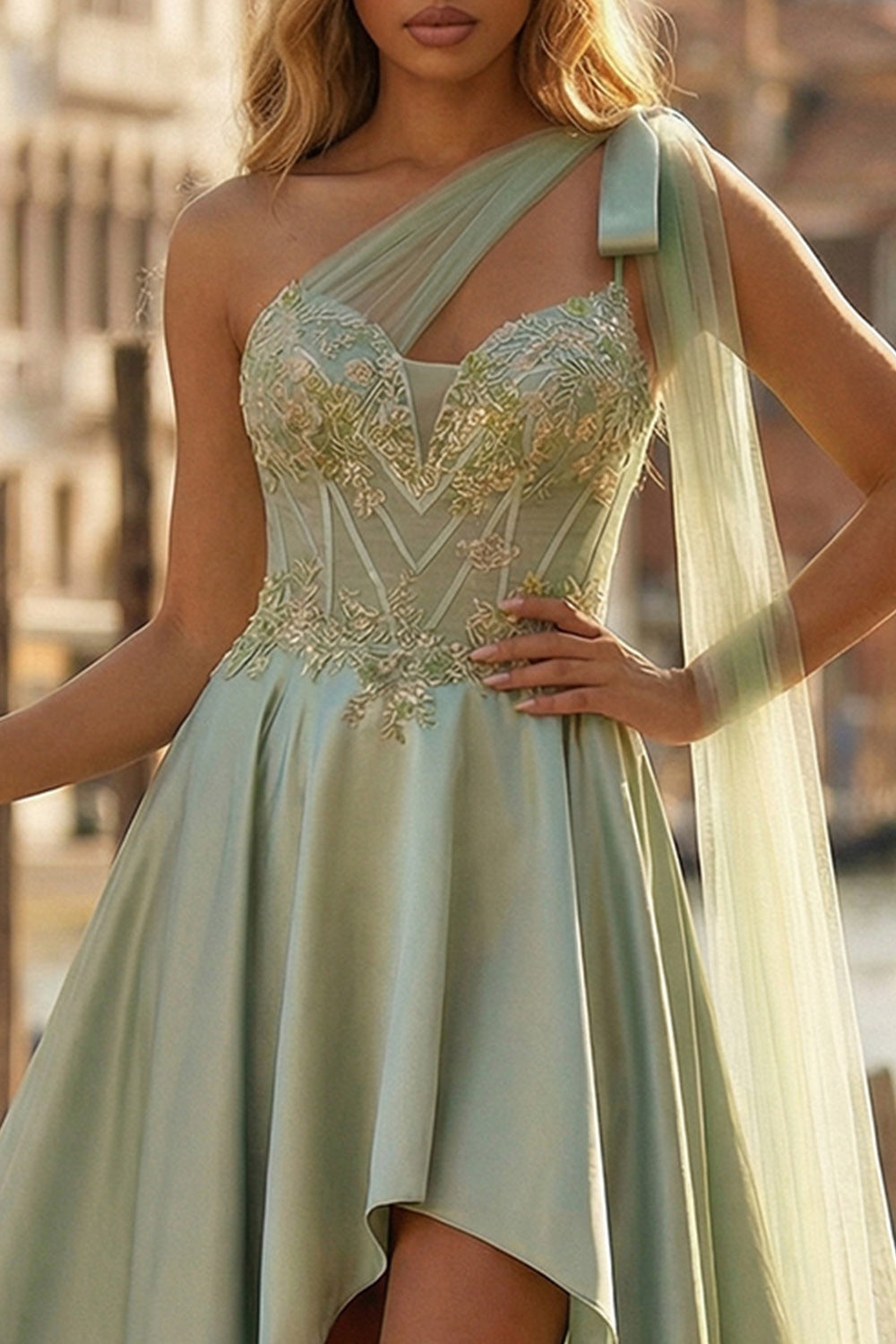 Sage Green Satin A Line One Shoulder High-Low Corset Prom Dress with Side Cape