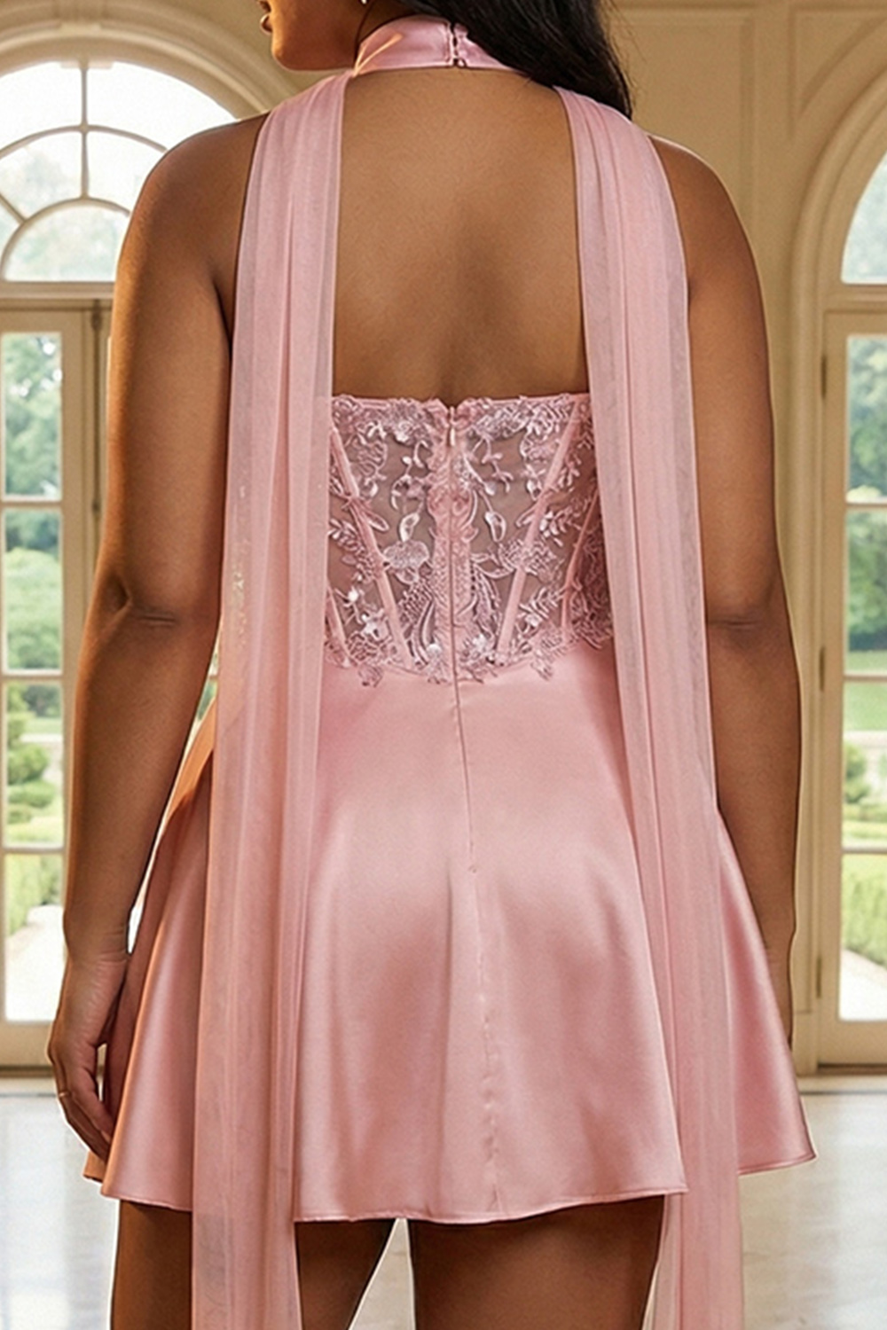 Sparkly Pink Satin Appliqued A Line Short Corset Prom Dress with Sequin