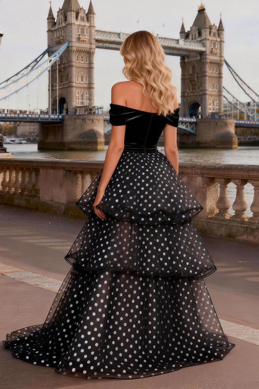Black and White Polka Dots Ball Gown Tiered Off the Shoulder Long Prom Dress with Slit