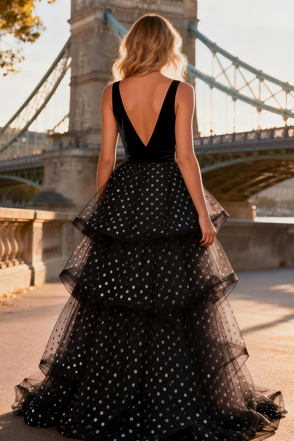 Black and White Polka Dots A Line Tiered V Neck Long Prom Dress with Slit
