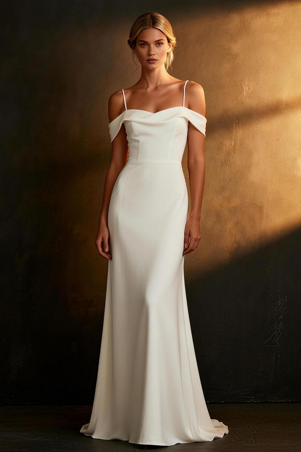White Satin Mermaid Cold Shoulder Long Rehearsal Dinner Dress