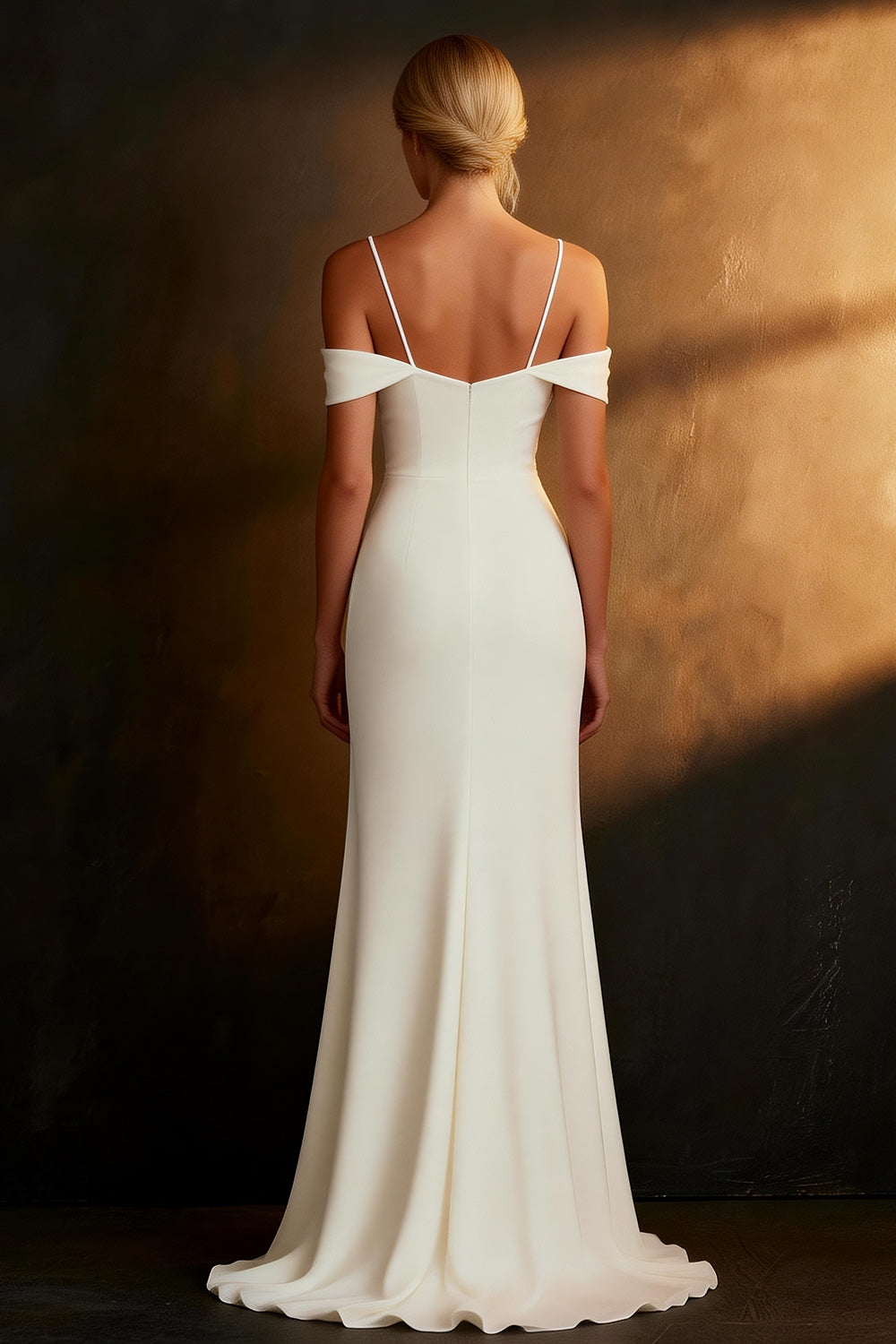 White Satin Mermaid Cold Shoulder Long Rehearsal Dinner Dress