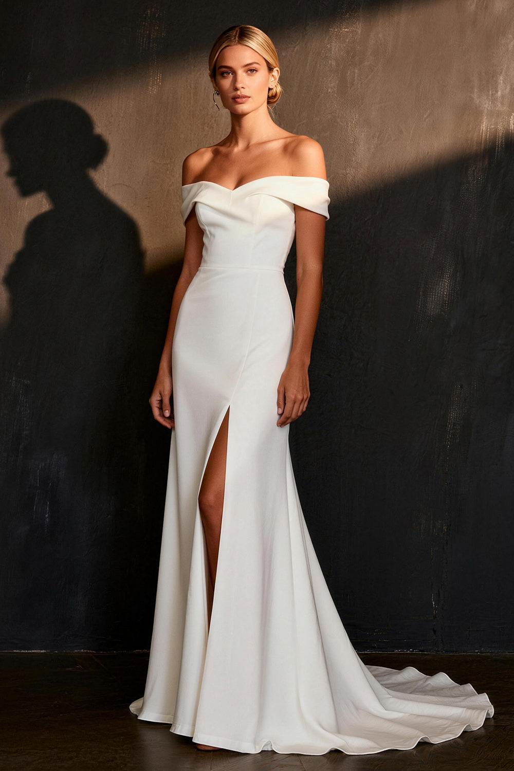 White Satin Mermaid Off the Shoulder Sweep Train Rehearsal Dinner Dress with Slit