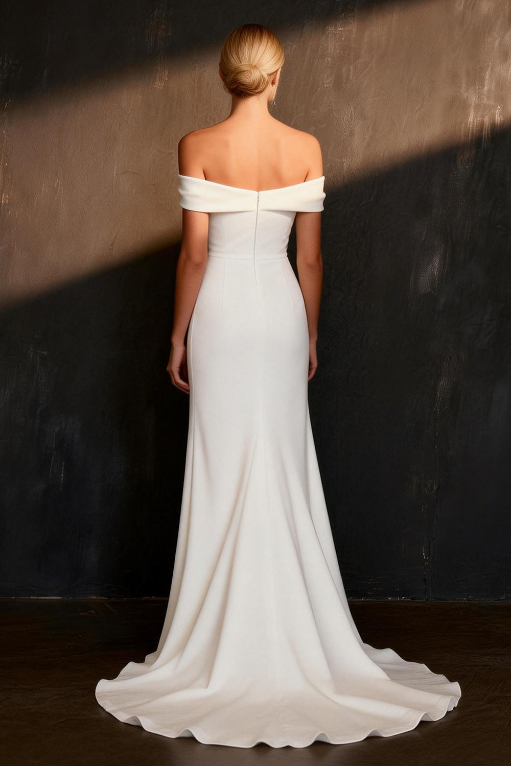 White Satin Mermaid Off the Shoulder Sweep Train Rehearsal Dinner Dress with Slit