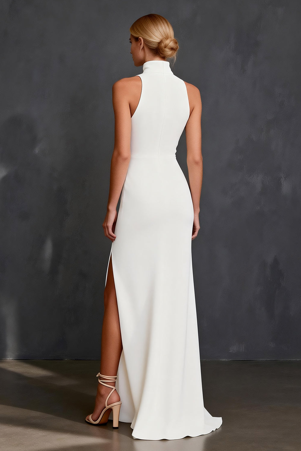 White Satin High Neck Mermaid Floor-Length Rehearsal Dinner Dress with Slit