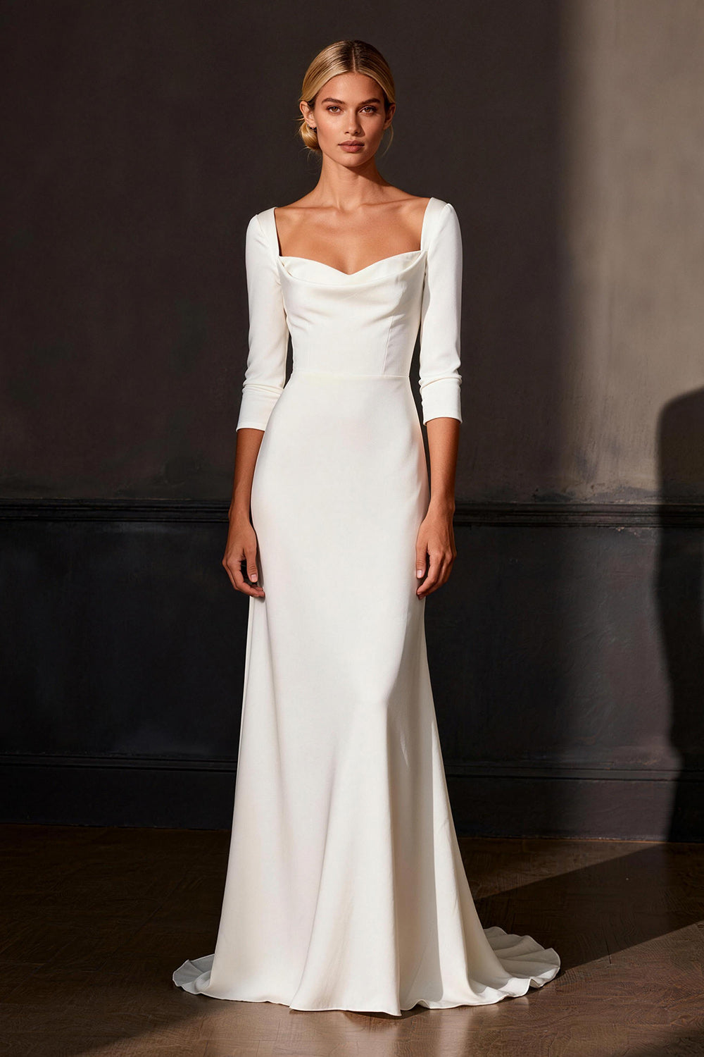 Elegant White Satin Mermaid Sweep Train Rehearsal Dinner Dress with Sleeves