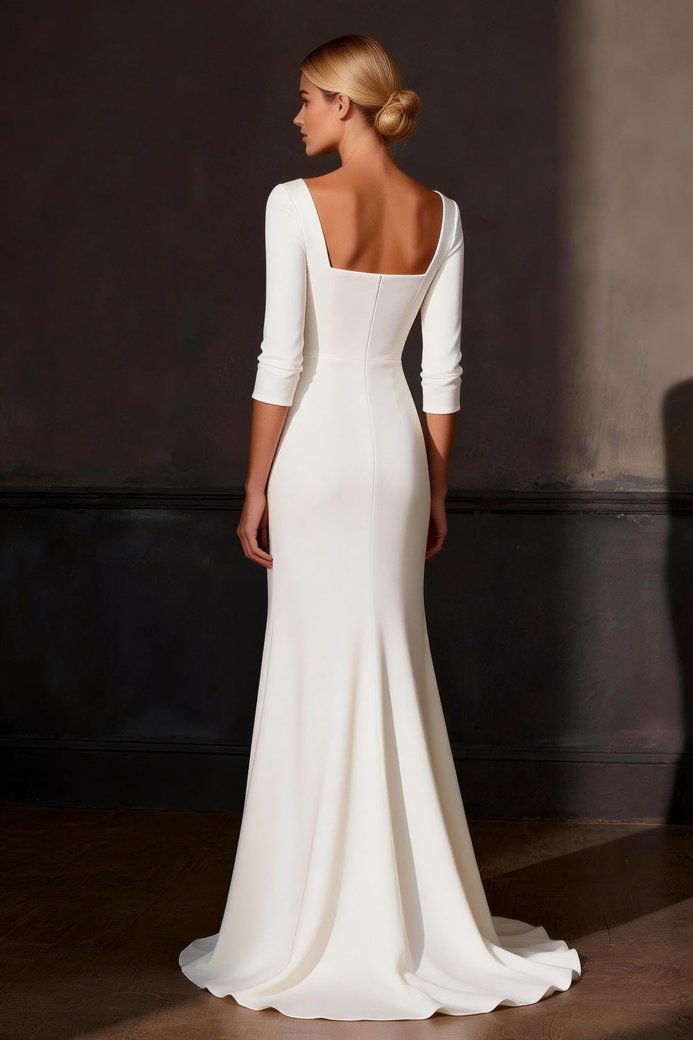 Elegant White Satin Mermaid Sweep Train Rehearsal Dinner Dress with Sleeves