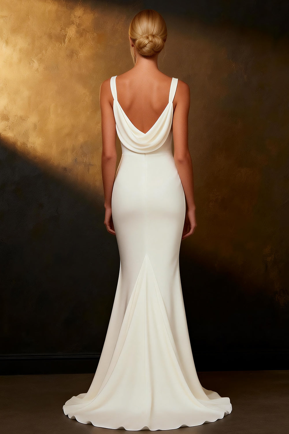 White Satin Mermaid Cowl Neck Long Rehearsal Dinner Dress