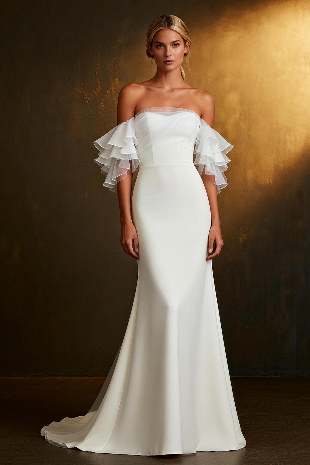 White Mermaid Off the Shoulder Ruffled Long Rehearsal Dinner Dress
