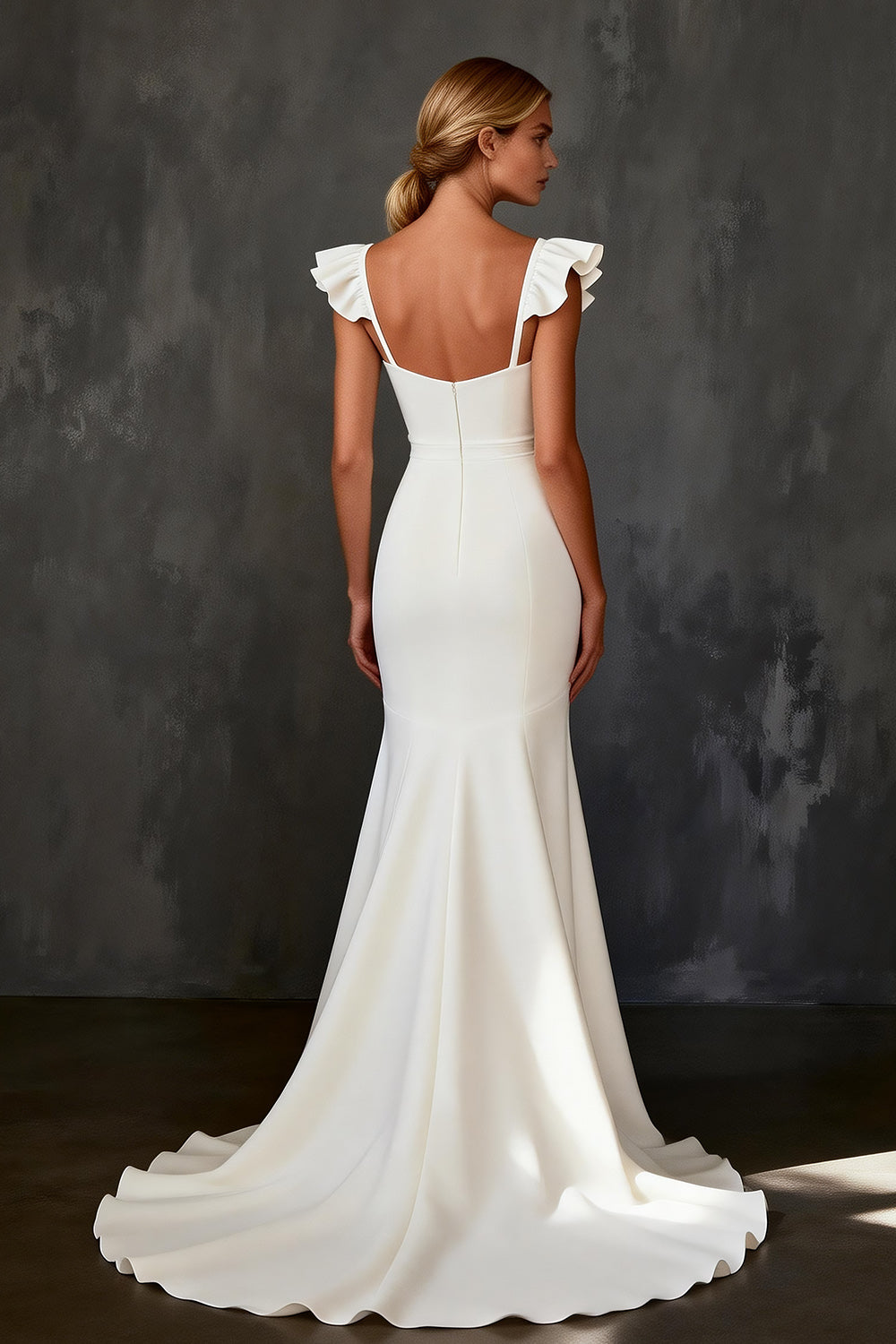 White Satin Cap Sleeves Mermaid Sweep Train Rehearsal Dinner Dress with Ruffles