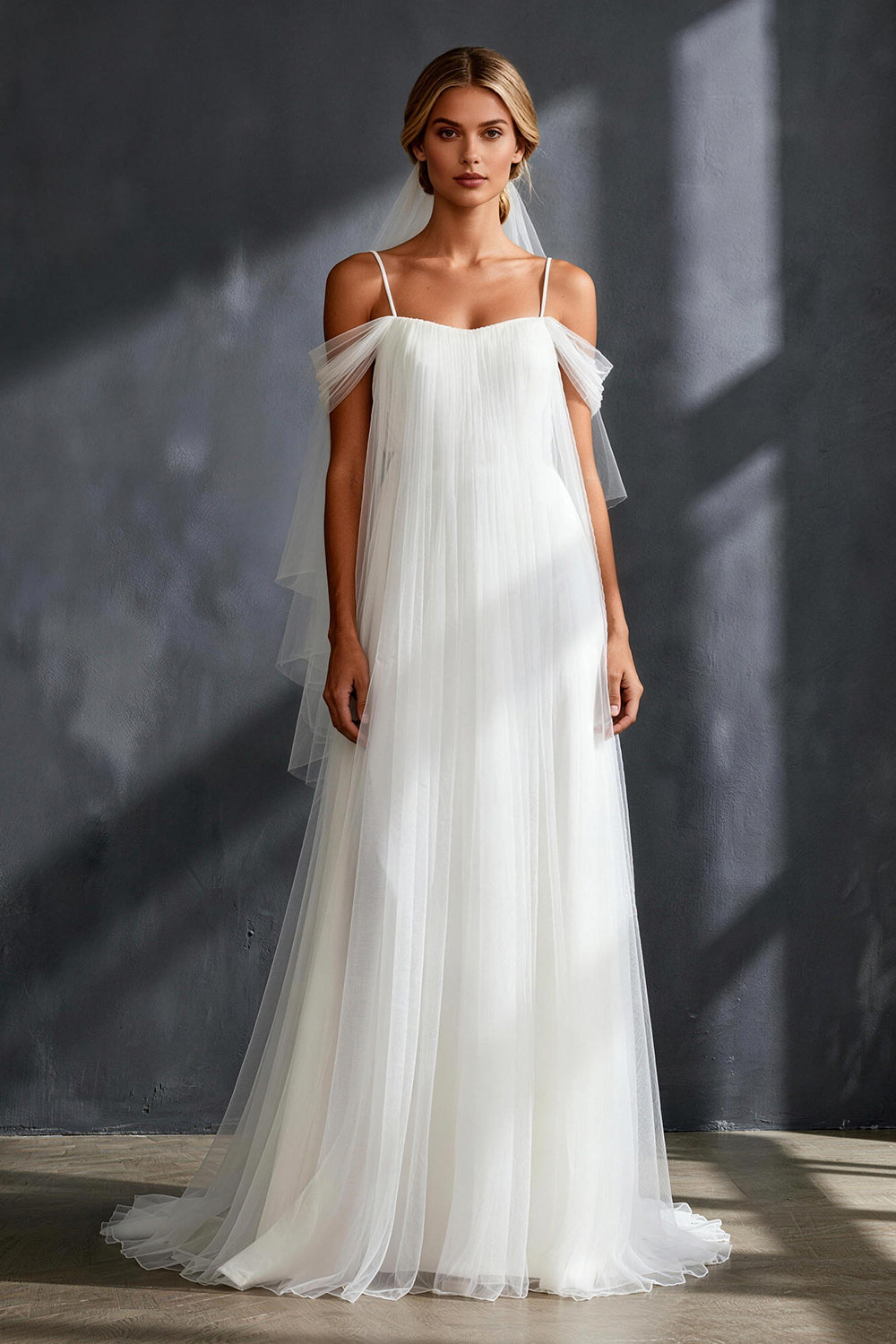 Flowy White Tulle Pleated Cold Shoulder A Line Long Rehearsal Dinner Dress