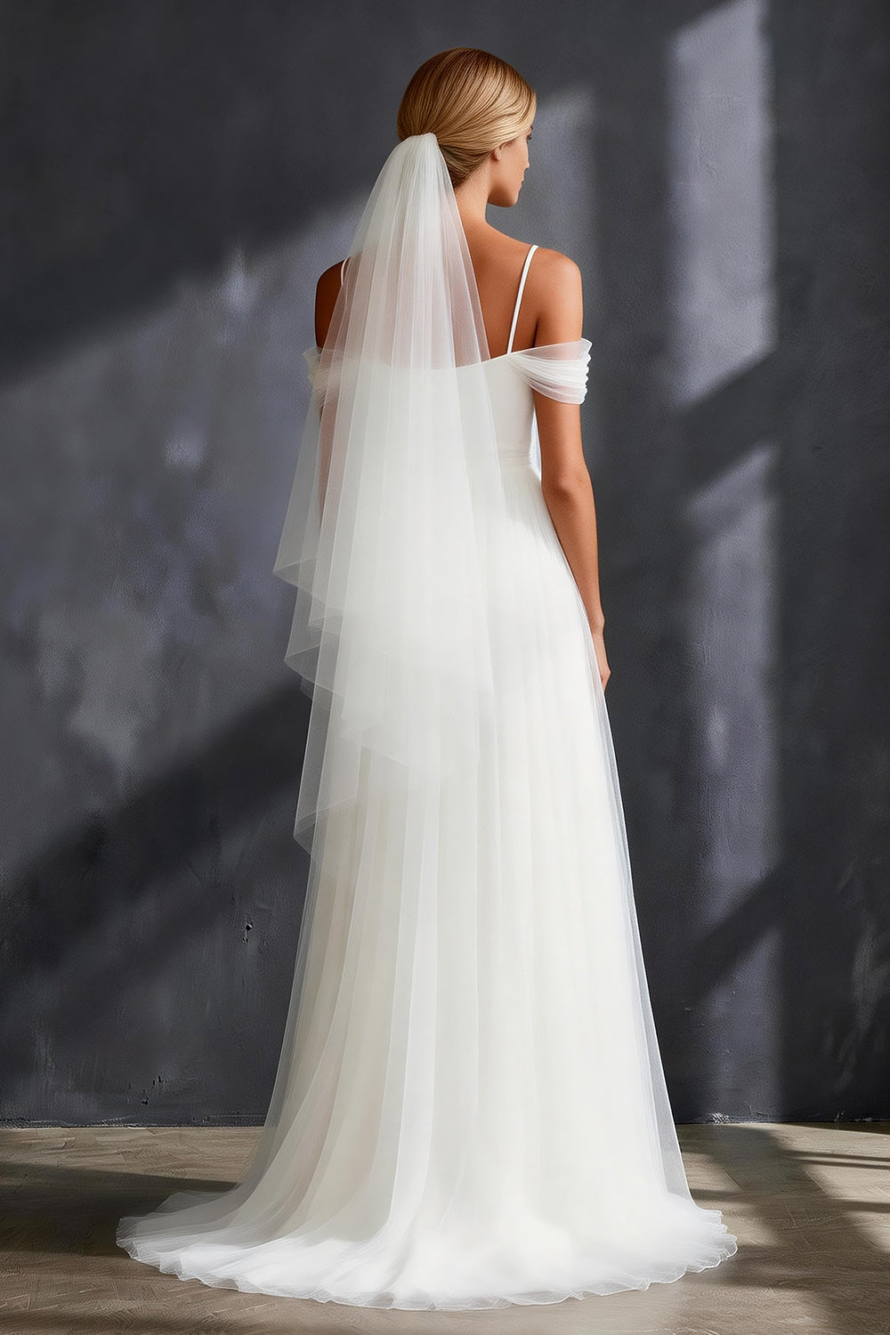 Flowy White Tulle Pleated Cold Shoulder A Line Long Rehearsal Dinner Dress