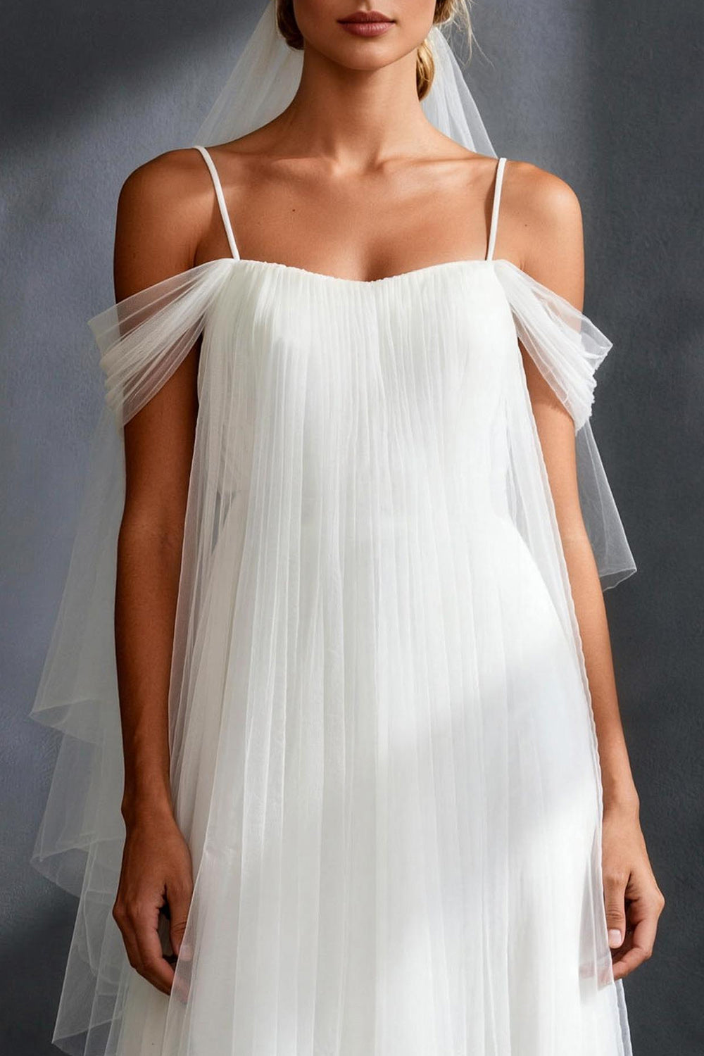 Flowy White Tulle Pleated Cold Shoulder A Line Long Rehearsal Dinner Dress
