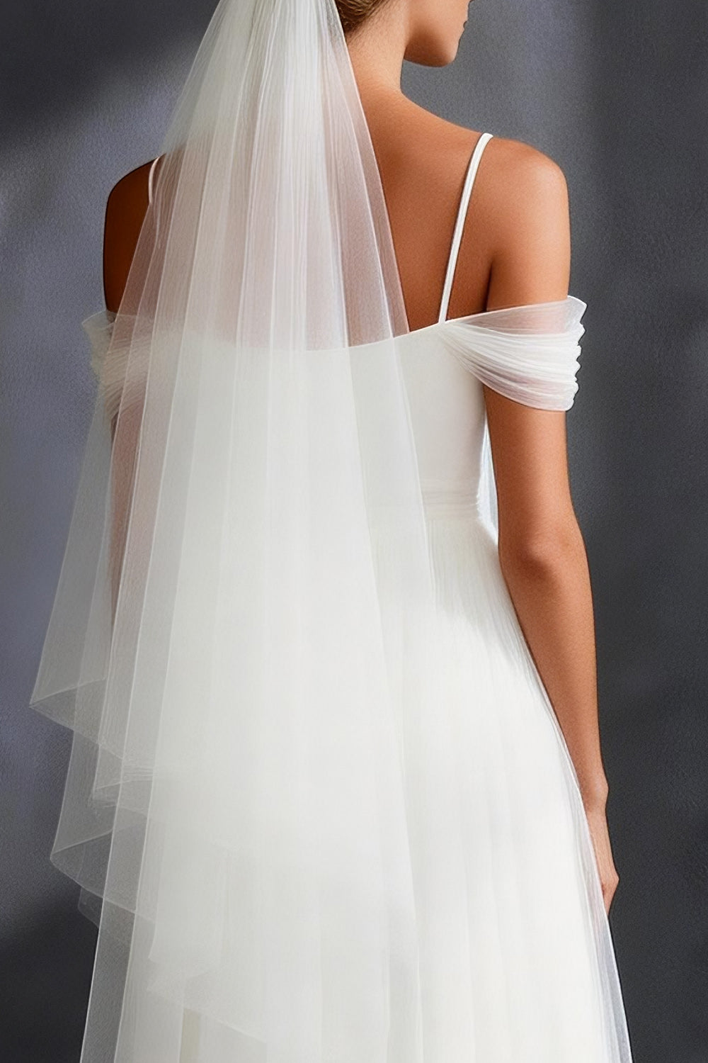 Flowy White Tulle Pleated Cold Shoulder A Line Long Rehearsal Dinner Dress