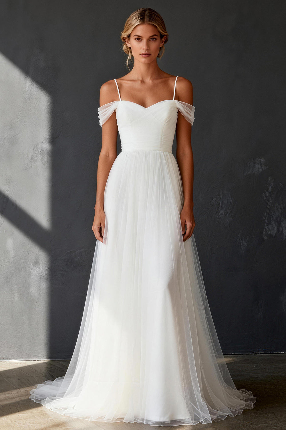 White A Line Tulle Cold Shoulder Sweep Train Rehearsal Dinner Dress