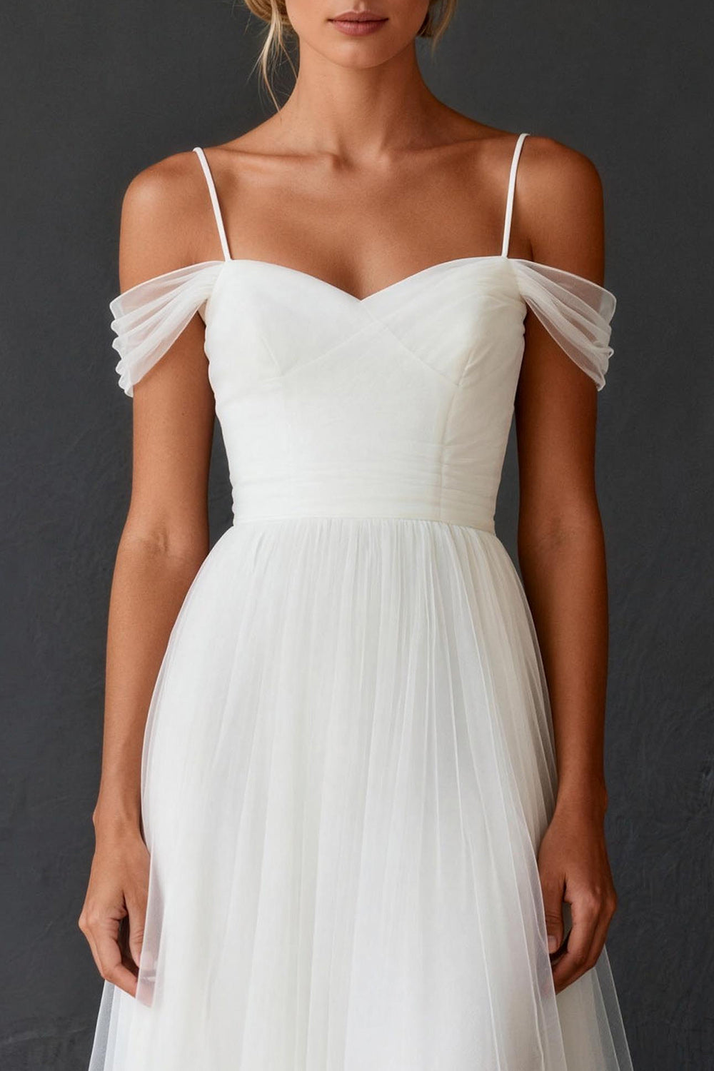 White A Line Tulle Cold Shoulder Sweep Train Rehearsal Dinner Dress