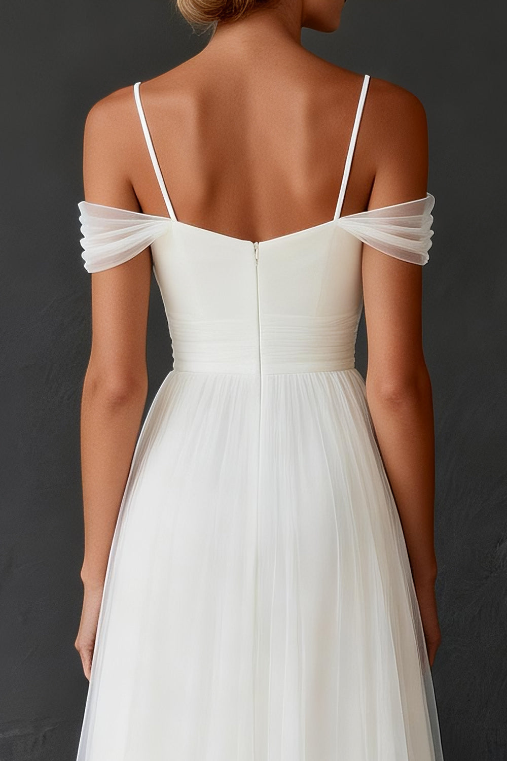 White A Line Tulle Cold Shoulder Sweep Train Rehearsal Dinner Dress
