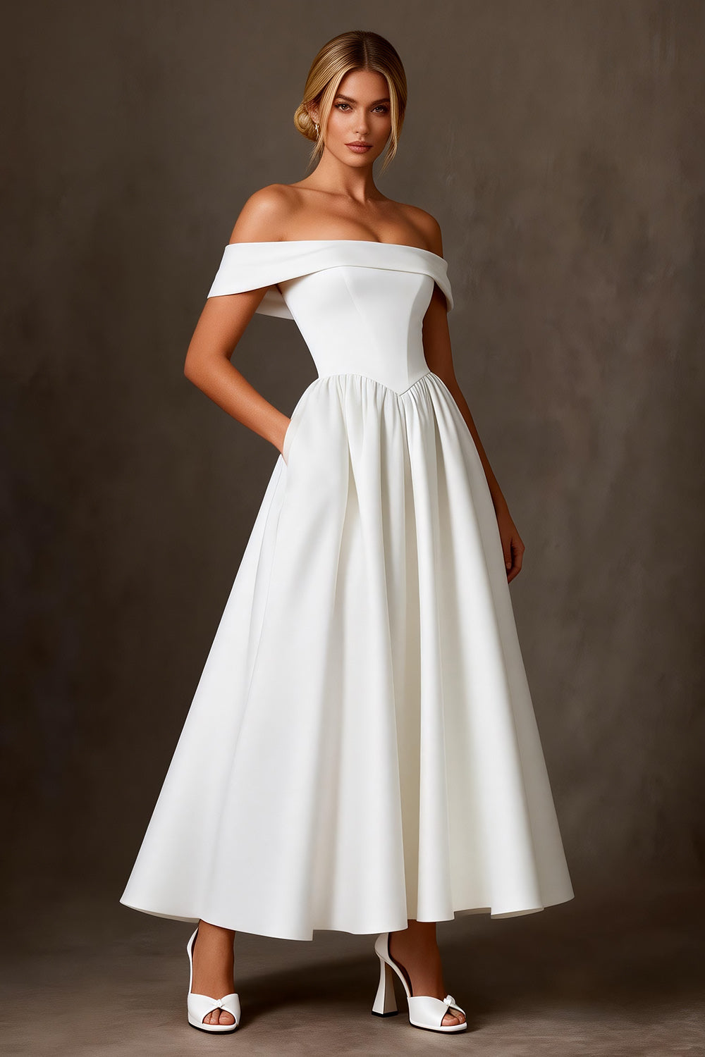 White Satin A Line Off the Shoulder Long Engagement Dress