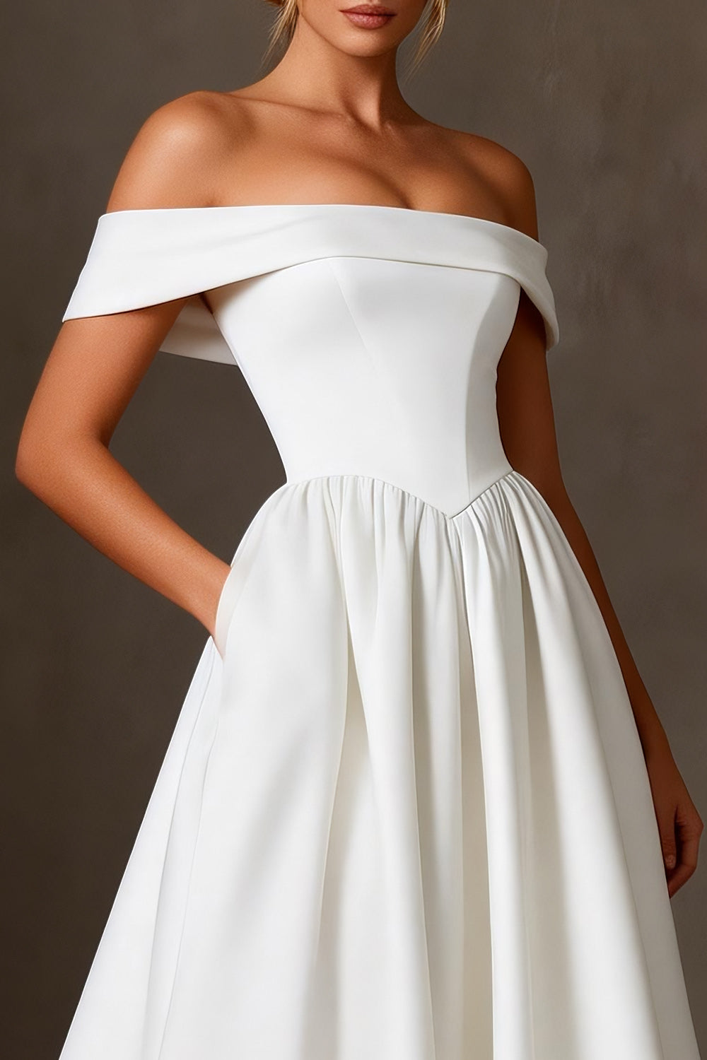 White Satin A Line Off the Shoulder Long Engagement Dress
