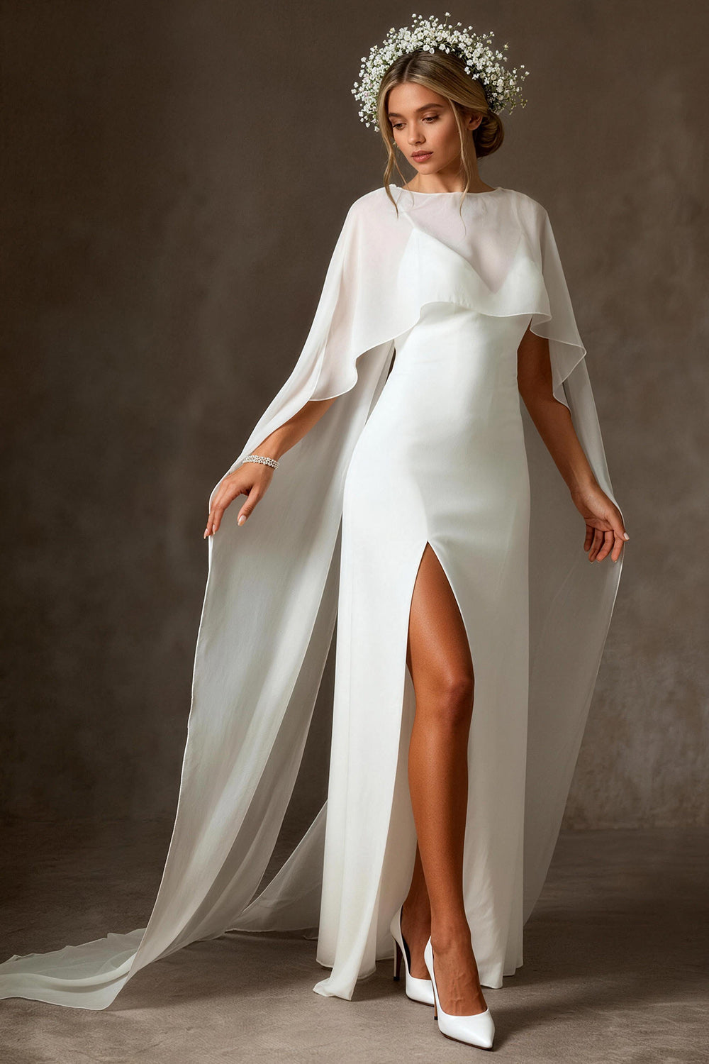 Elegant White Chiffon Mermaid Spaghetti Straps Long Rehearsal Dinner Dress with Cape