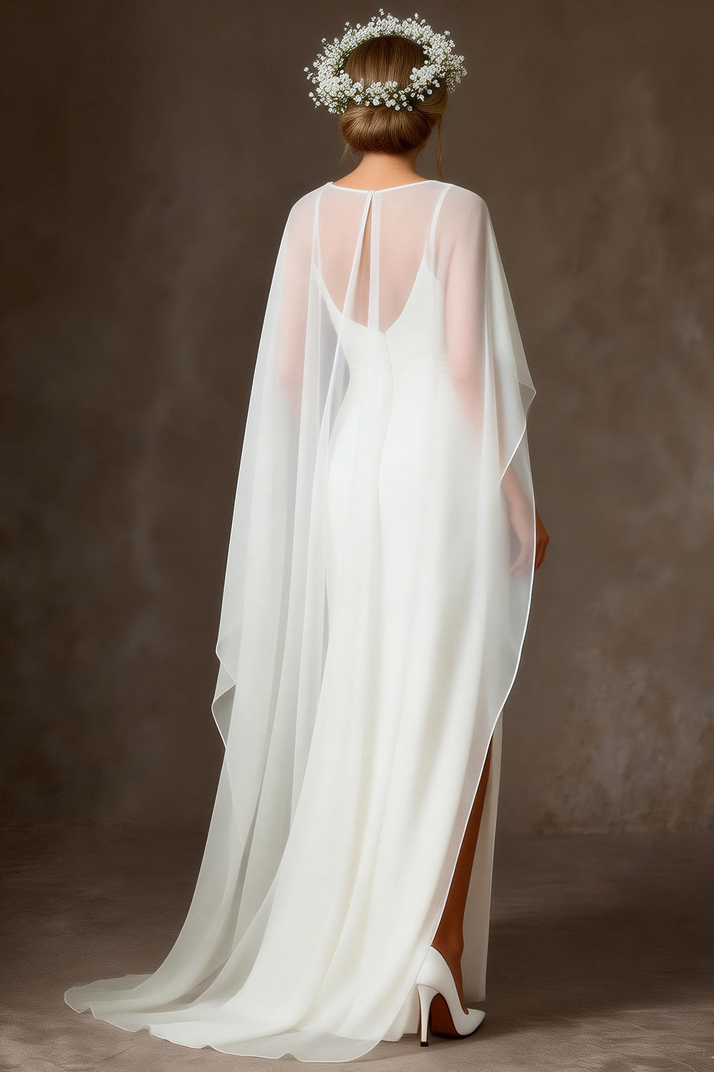 Elegant White Chiffon Mermaid Spaghetti Straps Long Rehearsal Dinner Dress with Cape