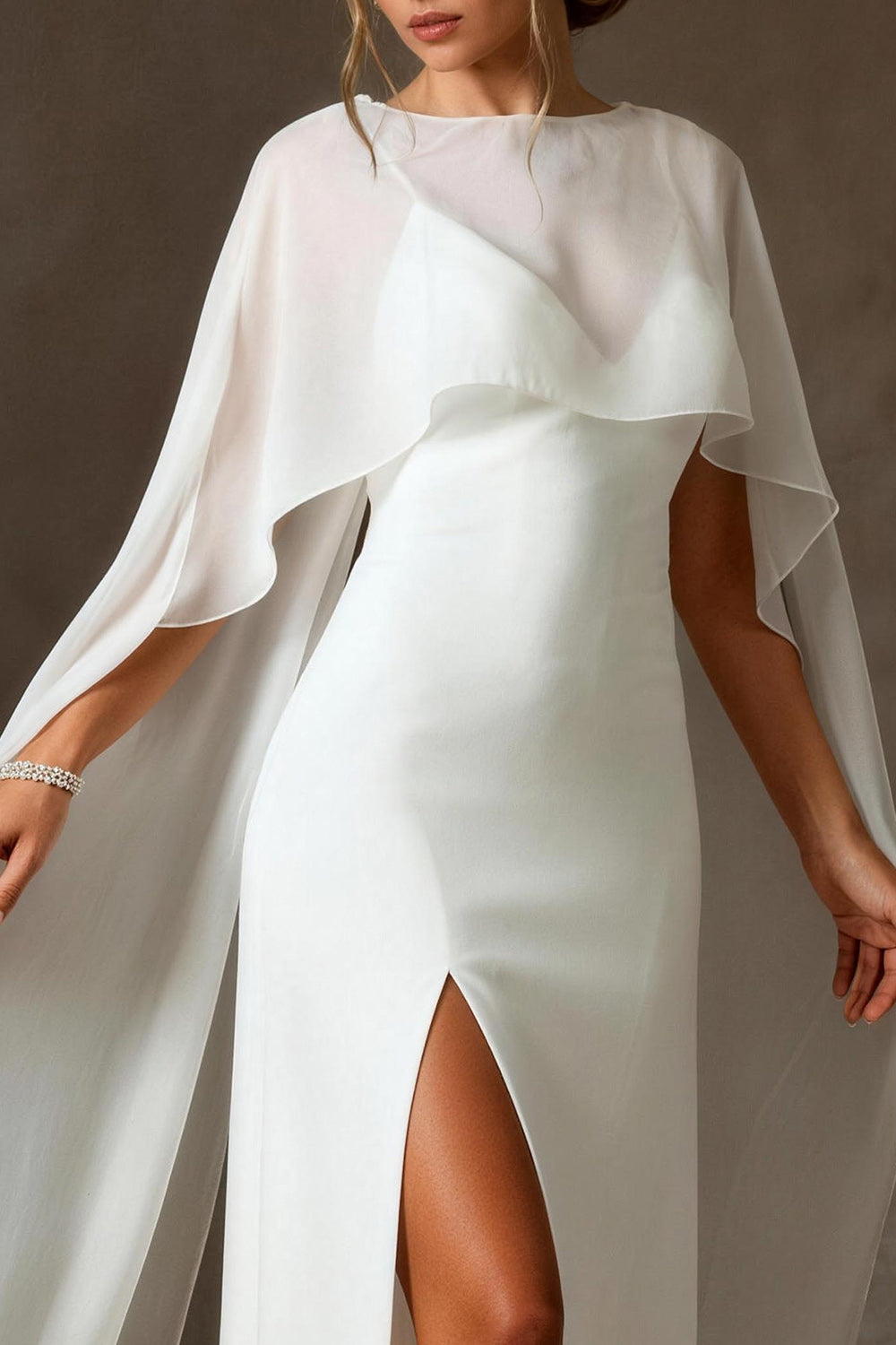 Elegant White Chiffon Mermaid Spaghetti Straps Long Rehearsal Dinner Dress with Cape