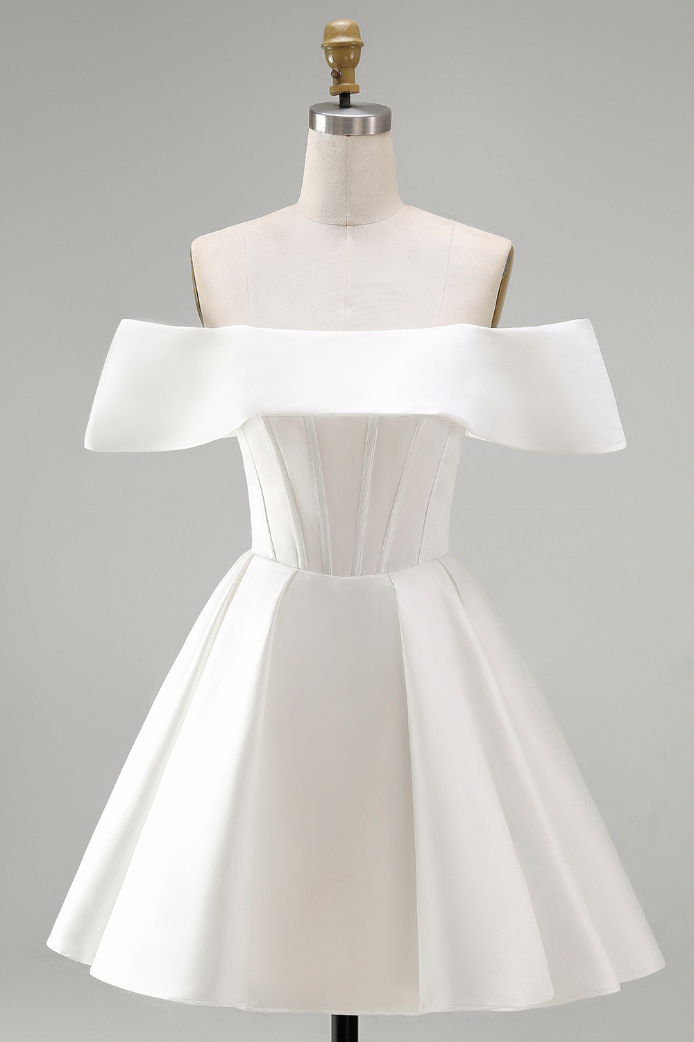 White Corset Satin Off the Shoulder A Line Short Bridal Shower Dress
